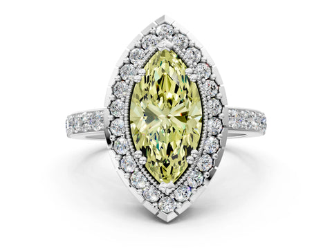 White gold Fancy Yellow Marquise Cut Diamond Halo Ring with Pavé Band and Prong Setting_12