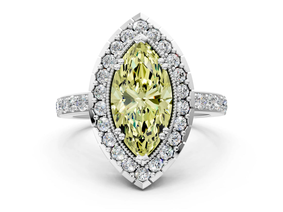 White gold Fancy Yellow Marquise Cut Diamond Halo Ring with Pavé Band and Prong Setting_12