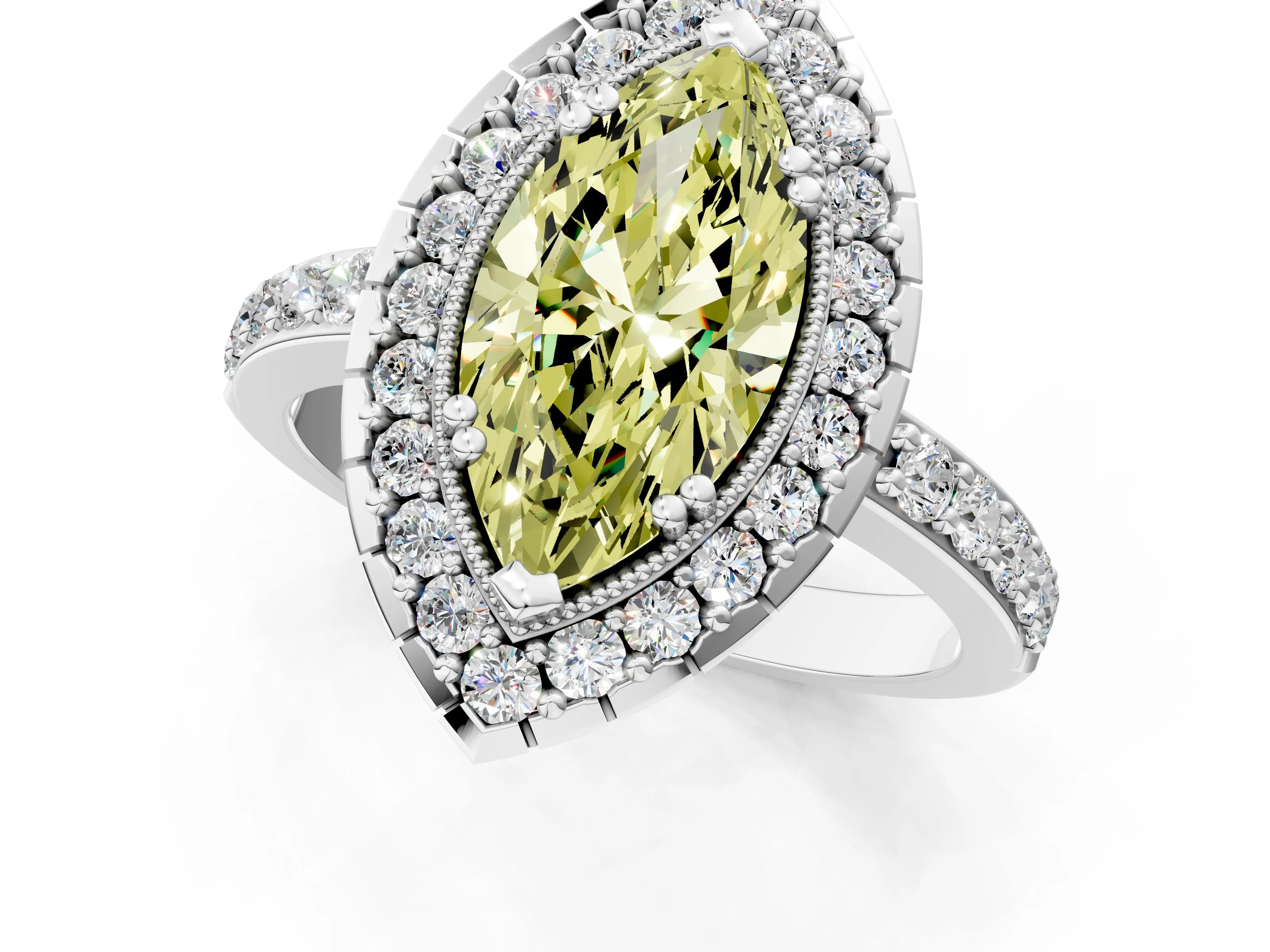 White gold Fancy Yellow Marquise Cut Diamond Halo Ring with Pavé Band and Prong Setting_13
