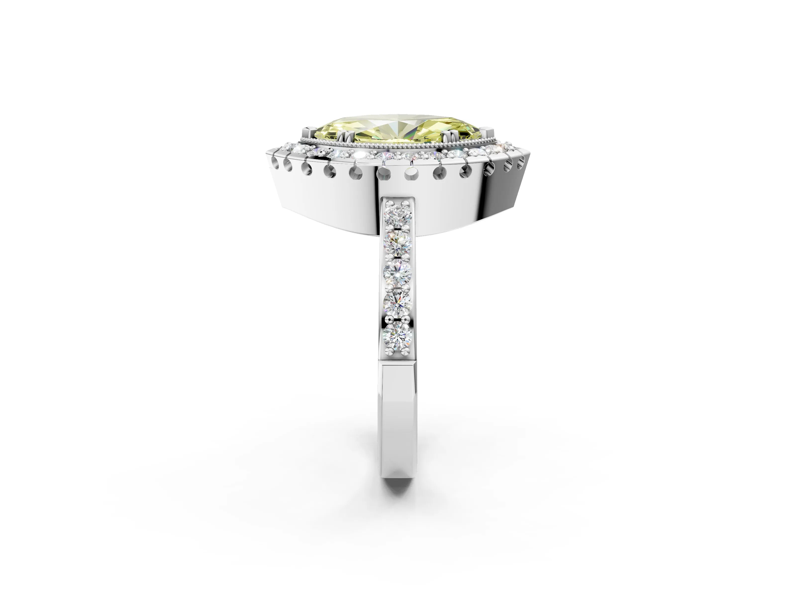 White gold Fancy Yellow Marquise Cut Diamond Halo Ring with Pavé Band and Prong Setting_14