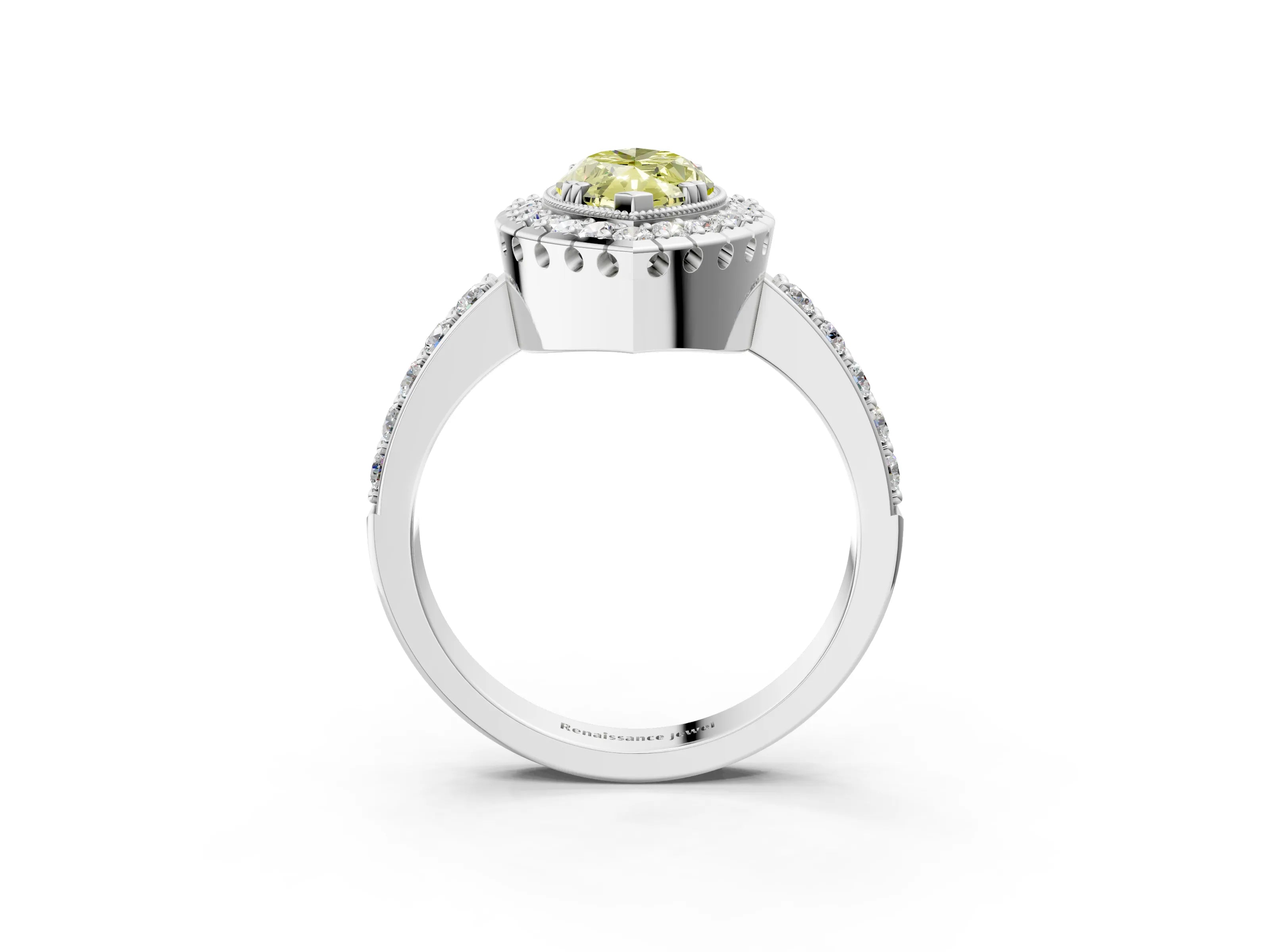 White gold Fancy Yellow Marquise Cut Diamond Halo Ring with Pavé Band and Prong Setting_15
