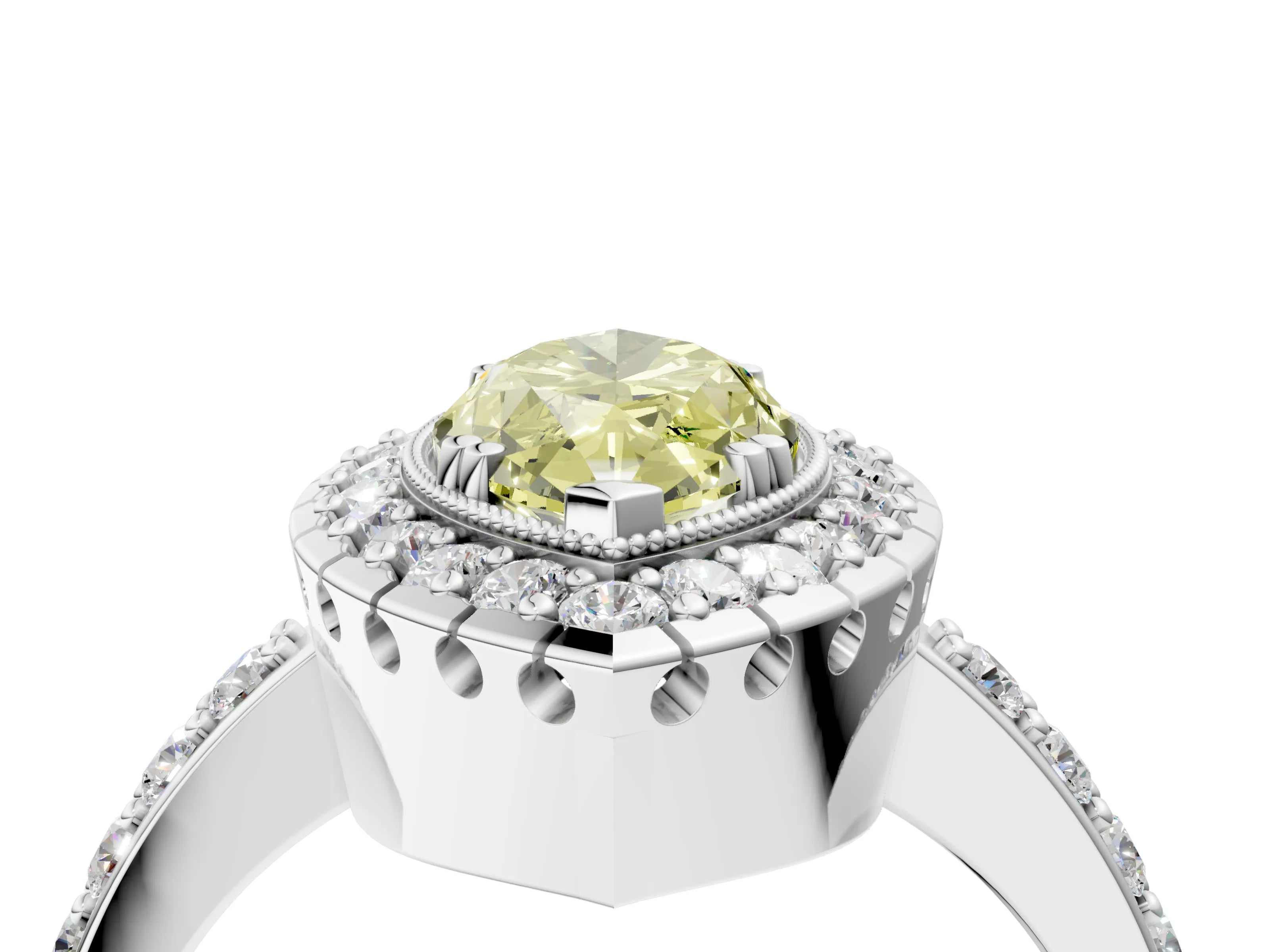 White gold Fancy Yellow Marquise Cut Diamond Halo Ring with Pavé Band and Prong Setting_16