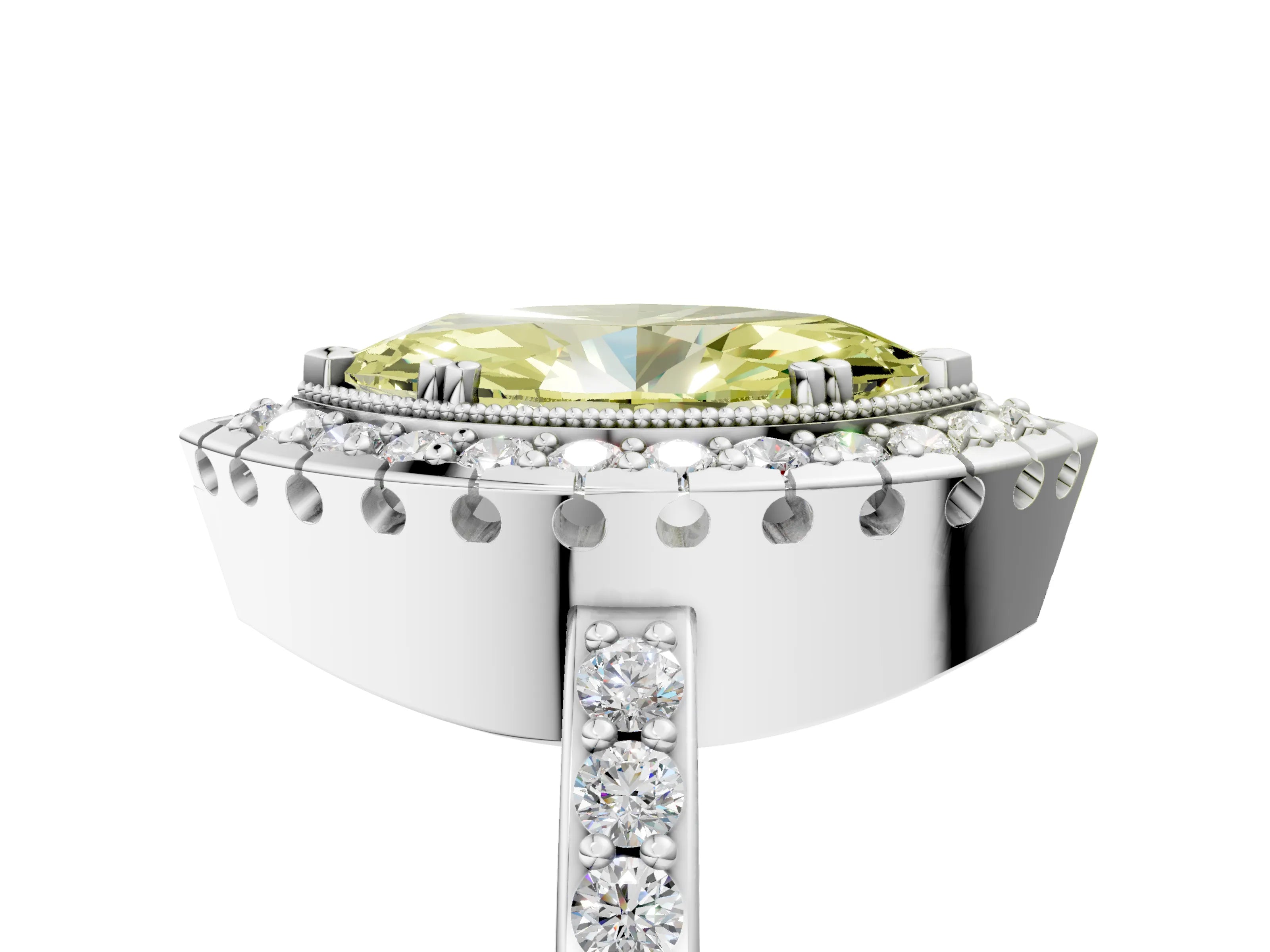 White gold Fancy Yellow Marquise Cut Diamond Halo Ring with Pavé Band and Prong Setting_17