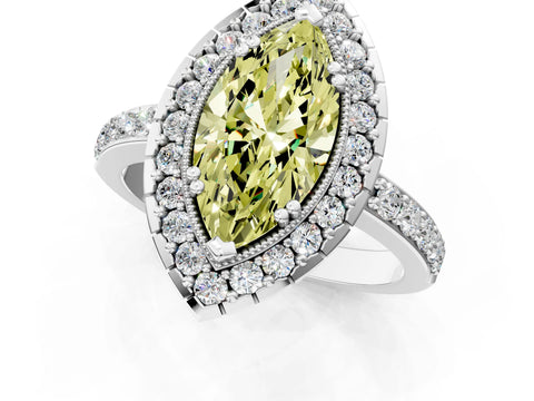 White gold Fancy Yellow Marquise Cut Diamond Halo Ring with Pavé Band and Prong Setting_1