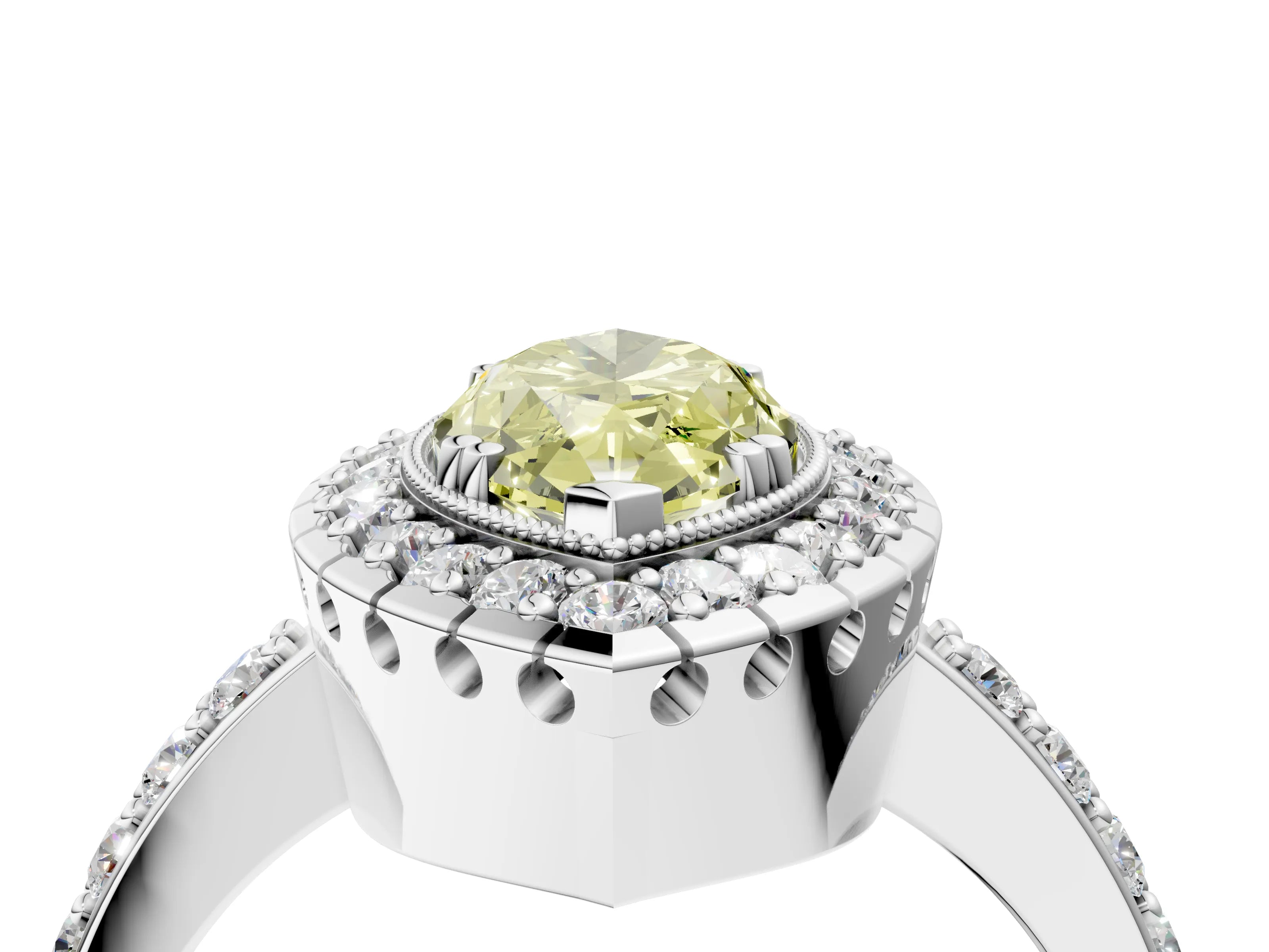 White gold Fancy Yellow Marquise Cut Diamond Halo Ring with Pavé Band and Prong Setting_4