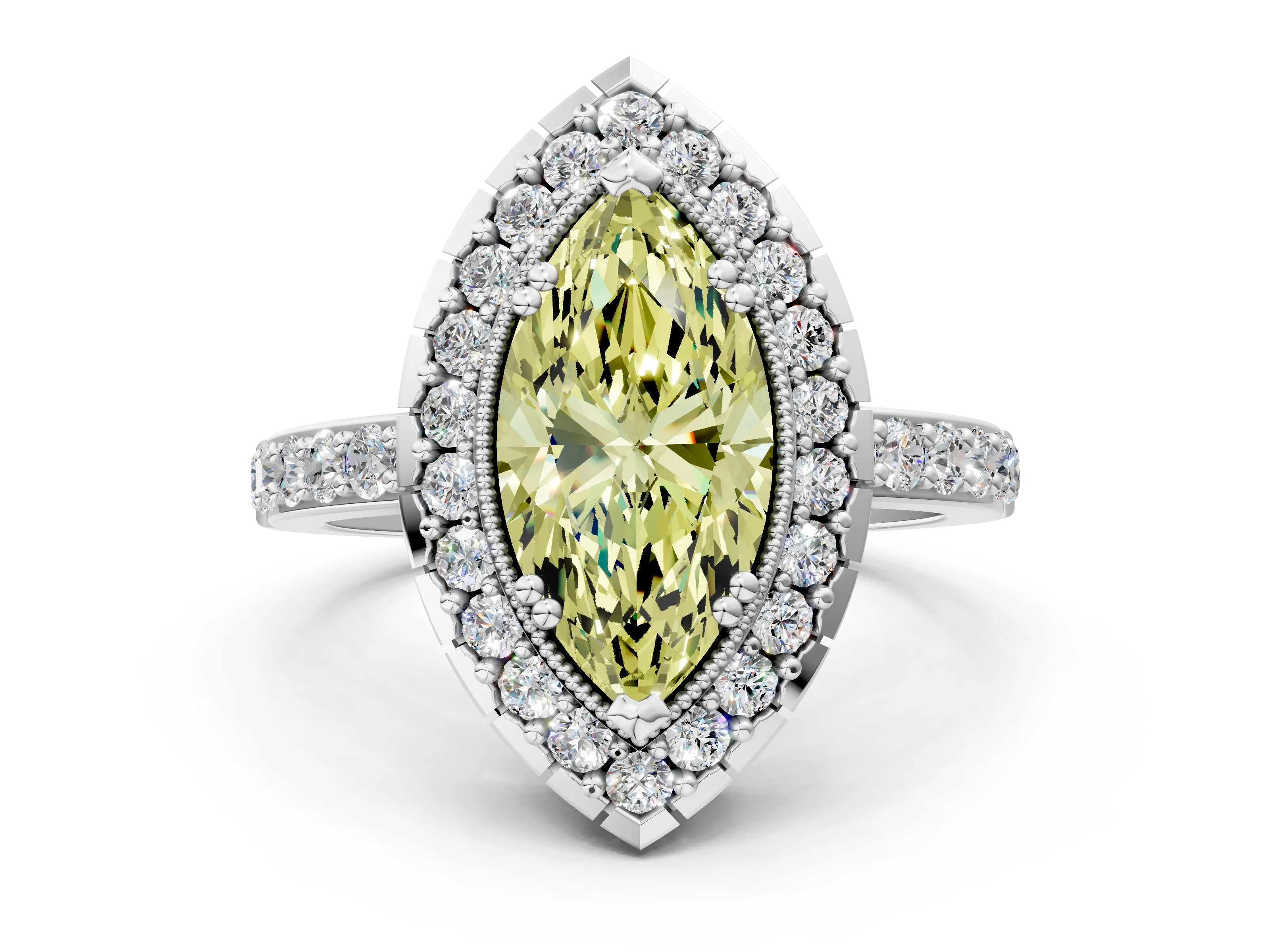 White gold Fancy Yellow Marquise Cut Diamond Halo Ring with Pavé Band and Prong Setting