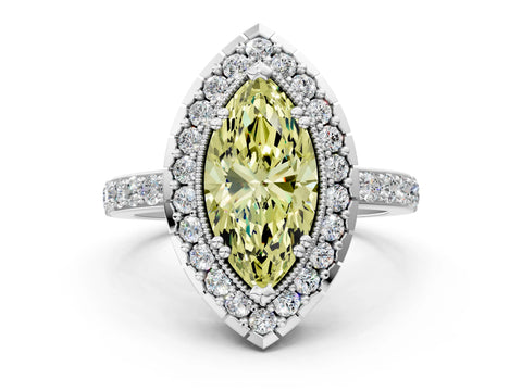 White gold Fancy Yellow Marquise Cut Diamond Halo Ring with Pavé Band and Prong Setting