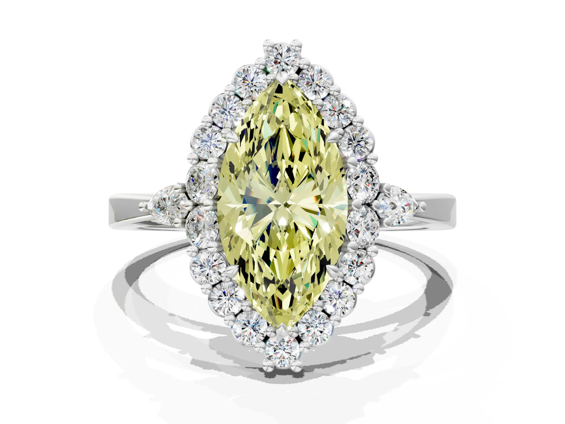 White gold Fancy Yellow Marquise Cut Diamond Halo Ring with Pear Side Stones and Prong Setting_41