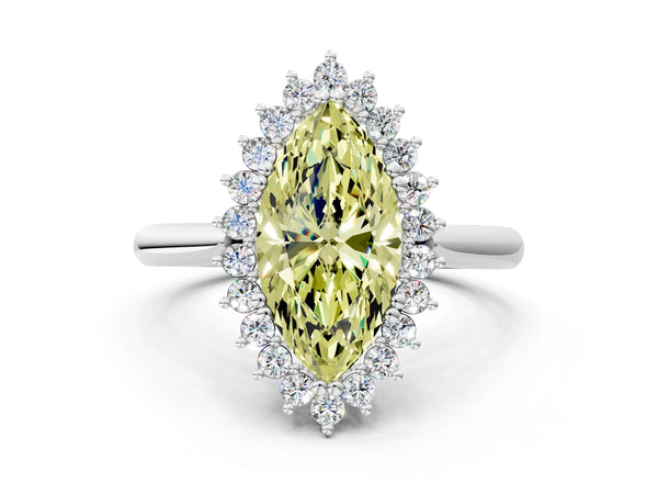 White gold Fancy Yellow Marquise  Cut Diamond Halo Ring with Solitaire Band and Prong Setting