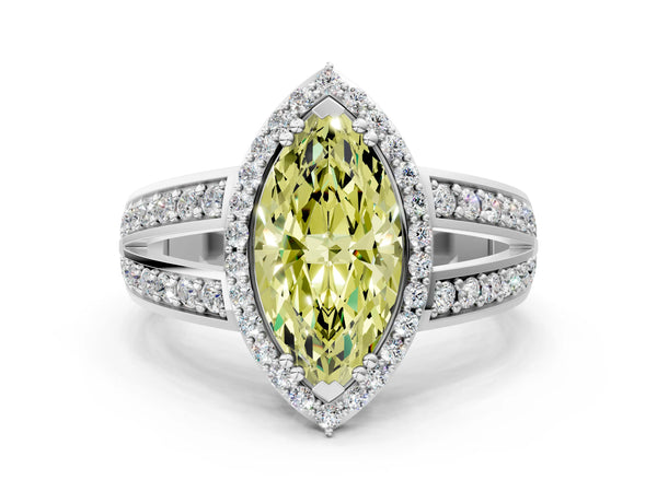 Platinum Fancy Yellow Marquise Cut Diamond Halo Ring with Split Shank Pavé Band and Four-Prong Setting