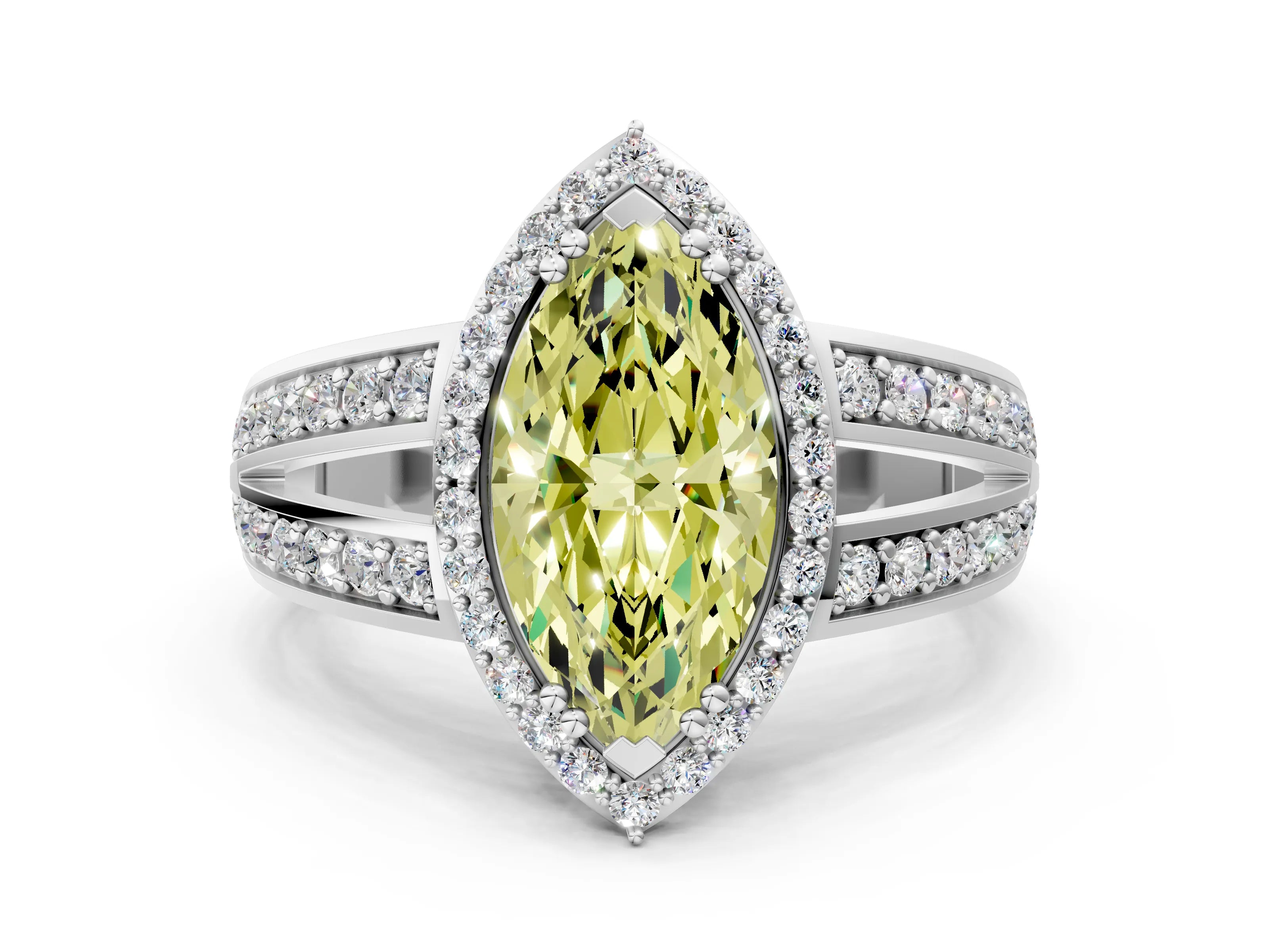 White gold Fancy Yellow Marquise Cut Diamond Halo Ring with Split Shank Pavé Band and Four-Prong Setting_12