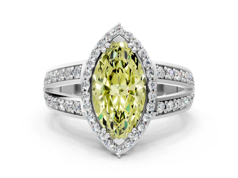 White gold Fancy Yellow Marquise Cut Diamond Halo Ring with Split Shank Pavé Band and Four-Prong Setting_12