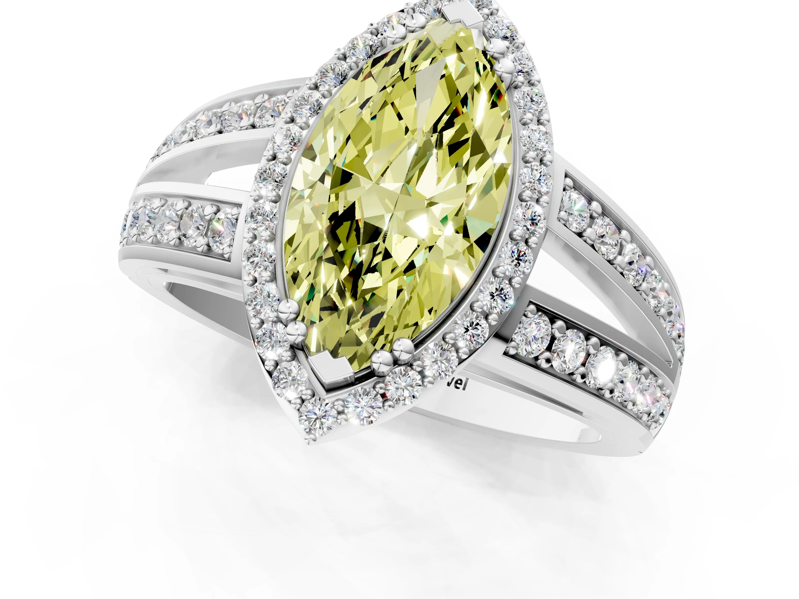 White gold Fancy Yellow Marquise Cut Diamond Halo Ring with Split Shank Pavé Band and Four-Prong Setting_13