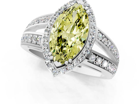 White gold Fancy Yellow Marquise Cut Diamond Halo Ring with Split Shank Pavé Band and Four-Prong Setting_13