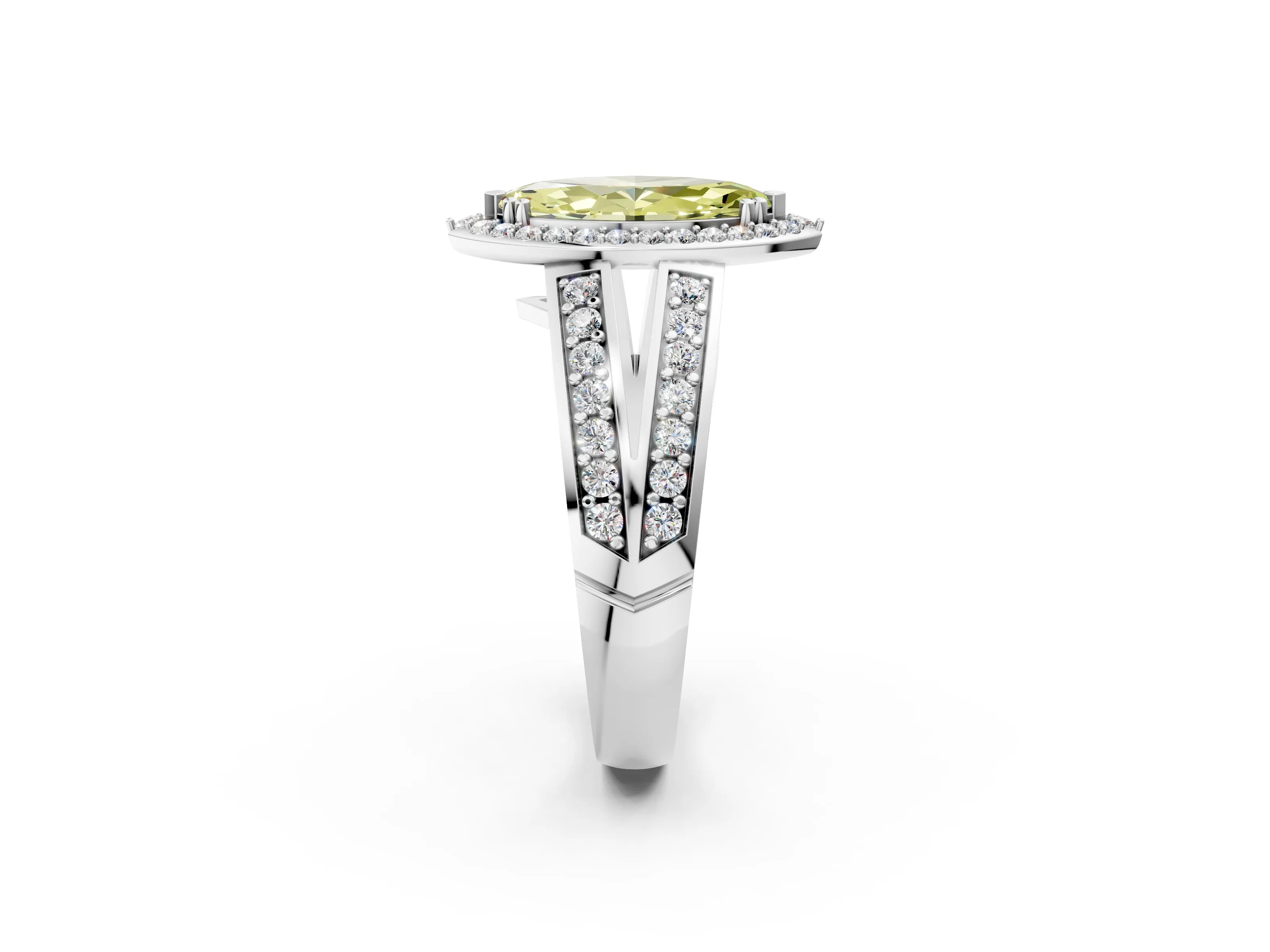 White gold Fancy Yellow Marquise Cut Diamond Halo Ring with Split Shank Pavé Band and Four-Prong Setting_14