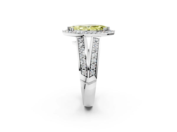 Platinum Fancy Yellow Marquise Cut Diamond Halo Ring with Split Shank Pavé Band and Four-Prong Setting