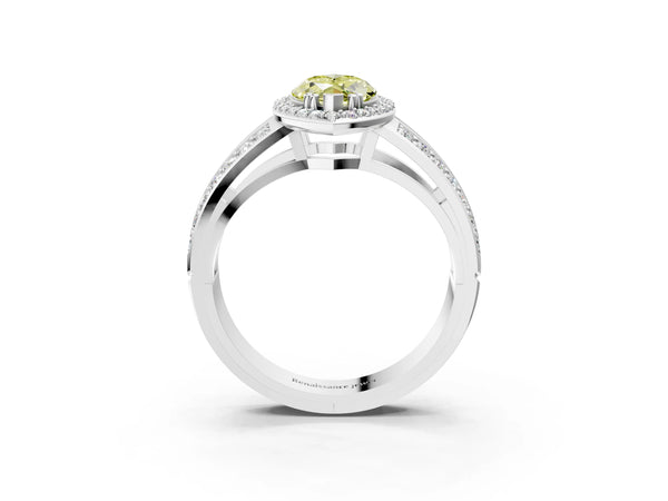 Platinum Fancy Yellow Marquise Cut Diamond Halo Ring with Split Shank Pavé Band and Four-Prong Setting