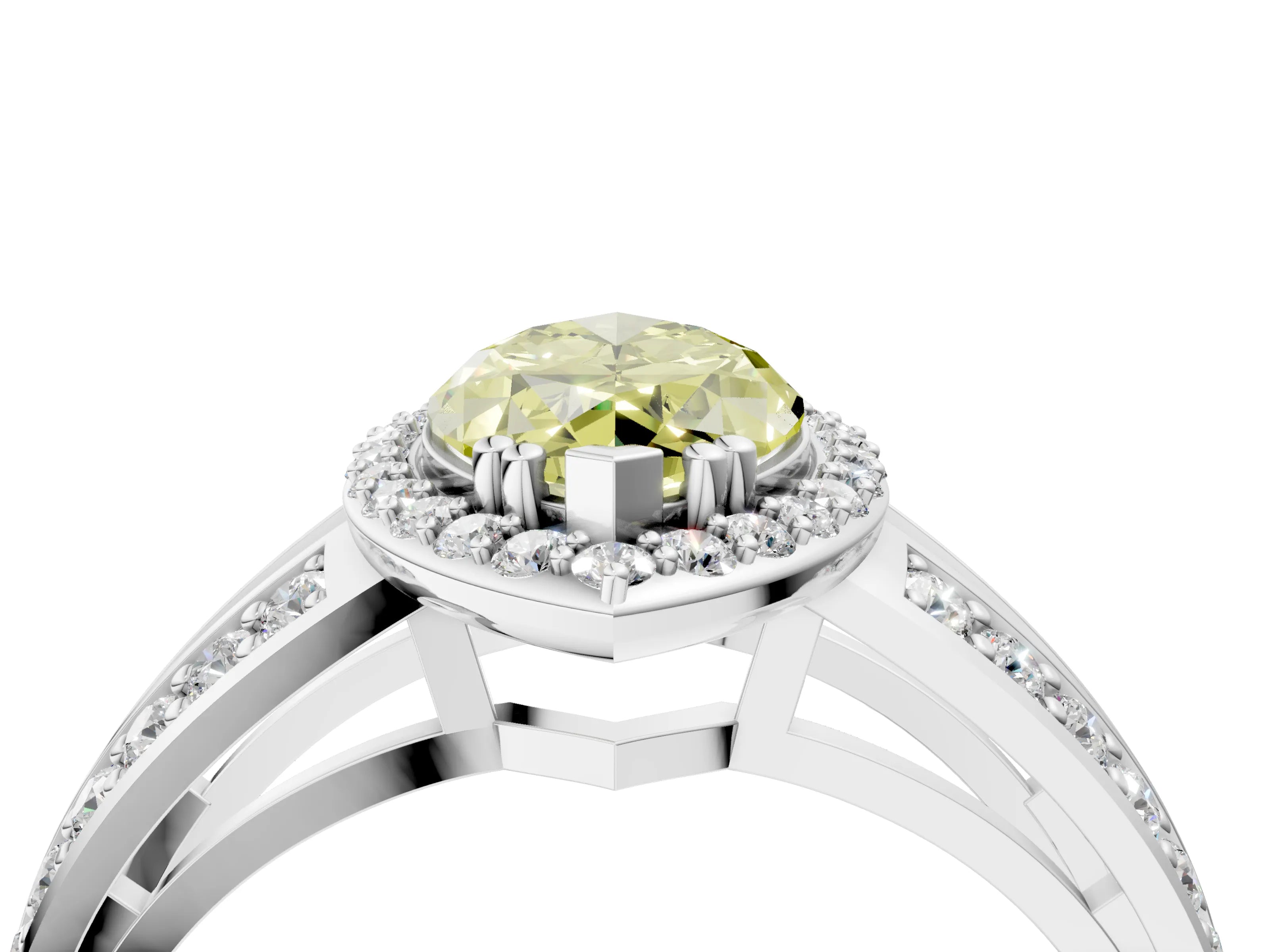 White gold Fancy Yellow Marquise Cut Diamond Halo Ring with Split Shank Pavé Band and Four-Prong Setting_16