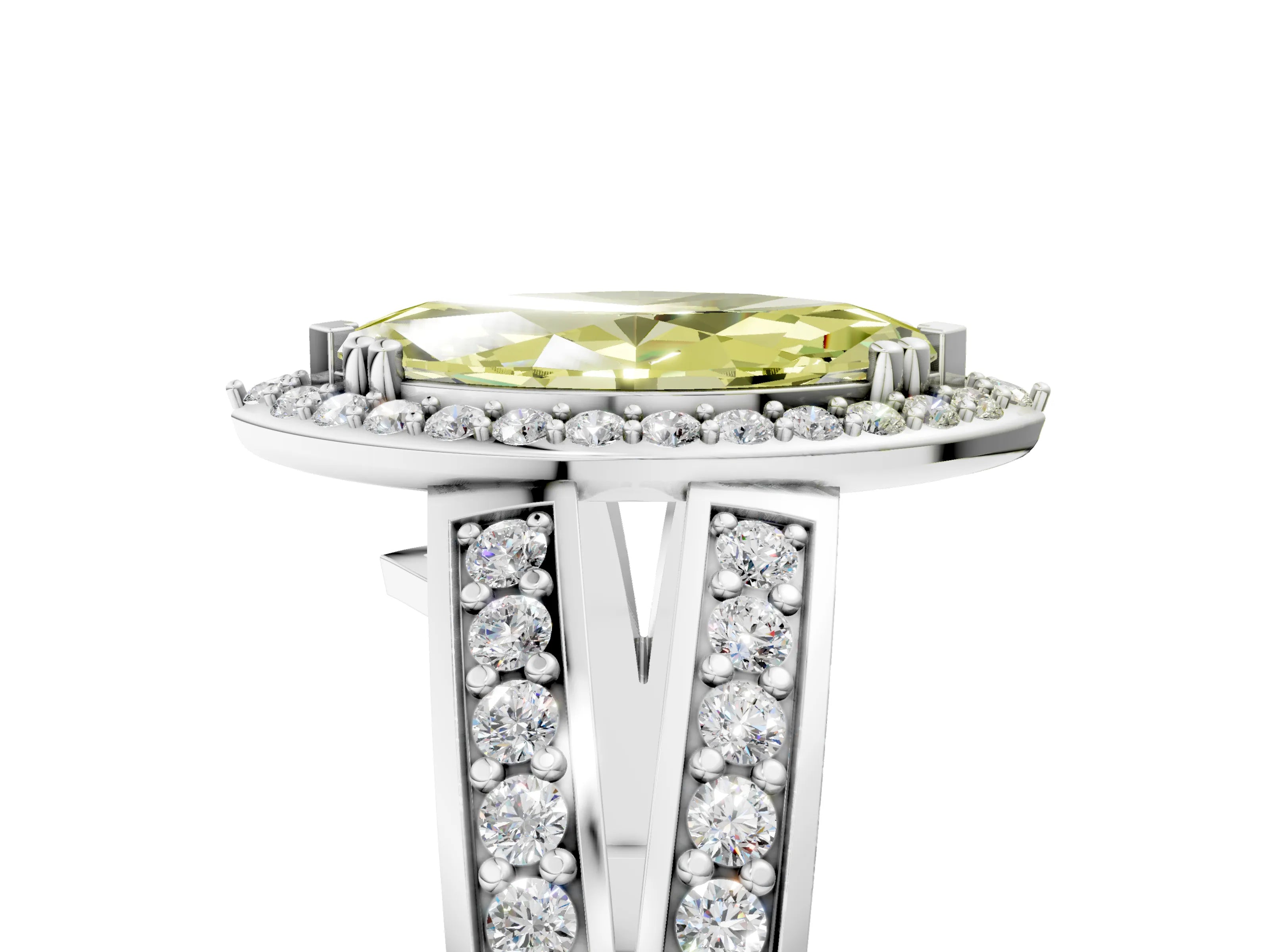 White gold Fancy Yellow Marquise Cut Diamond Halo Ring with Split Shank Pavé Band and Four-Prong Setting_17