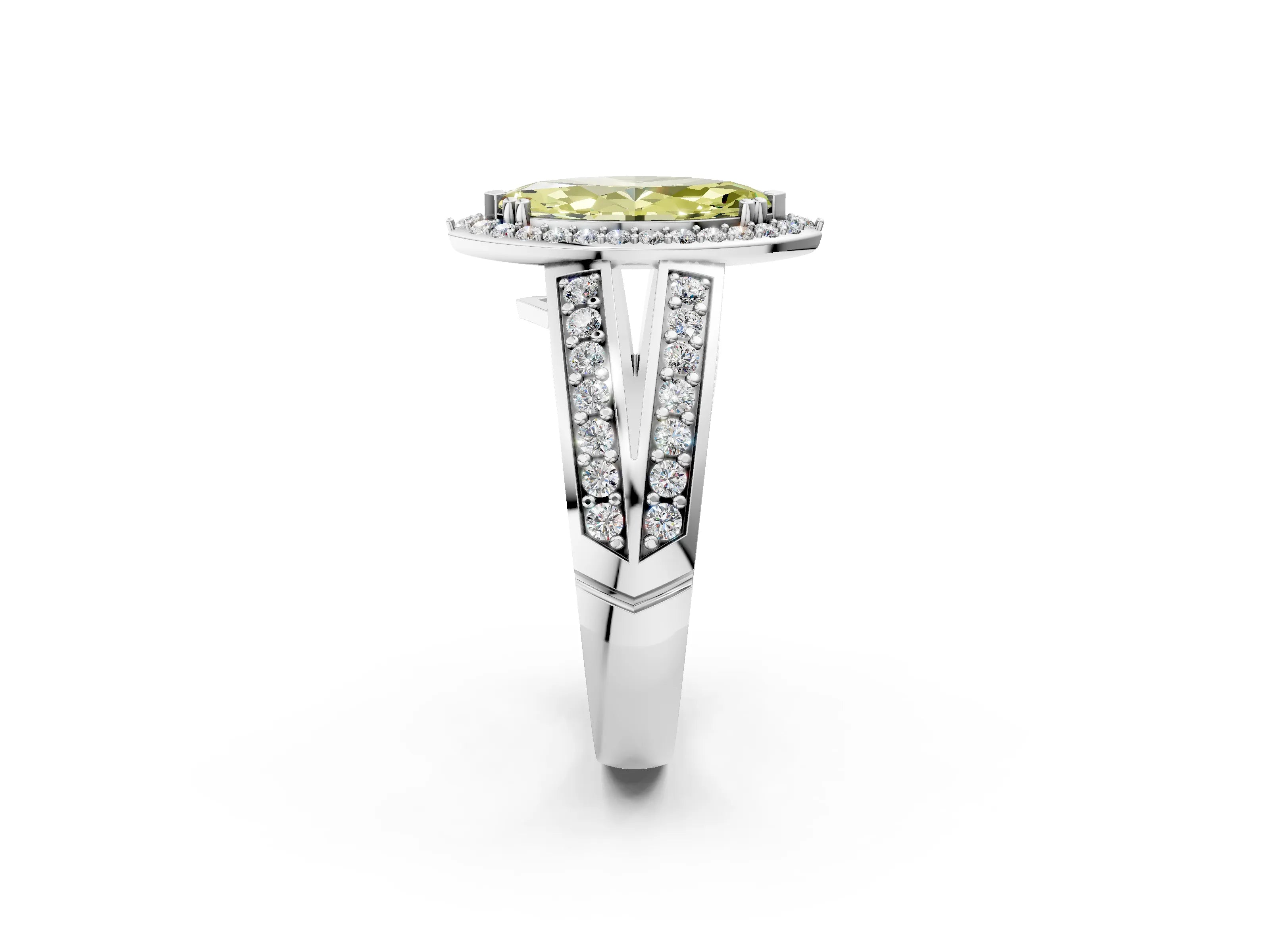 White gold Fancy Yellow Marquise Cut Diamond Halo Ring with Split Shank Pavé Band and Four-Prong Setting_2