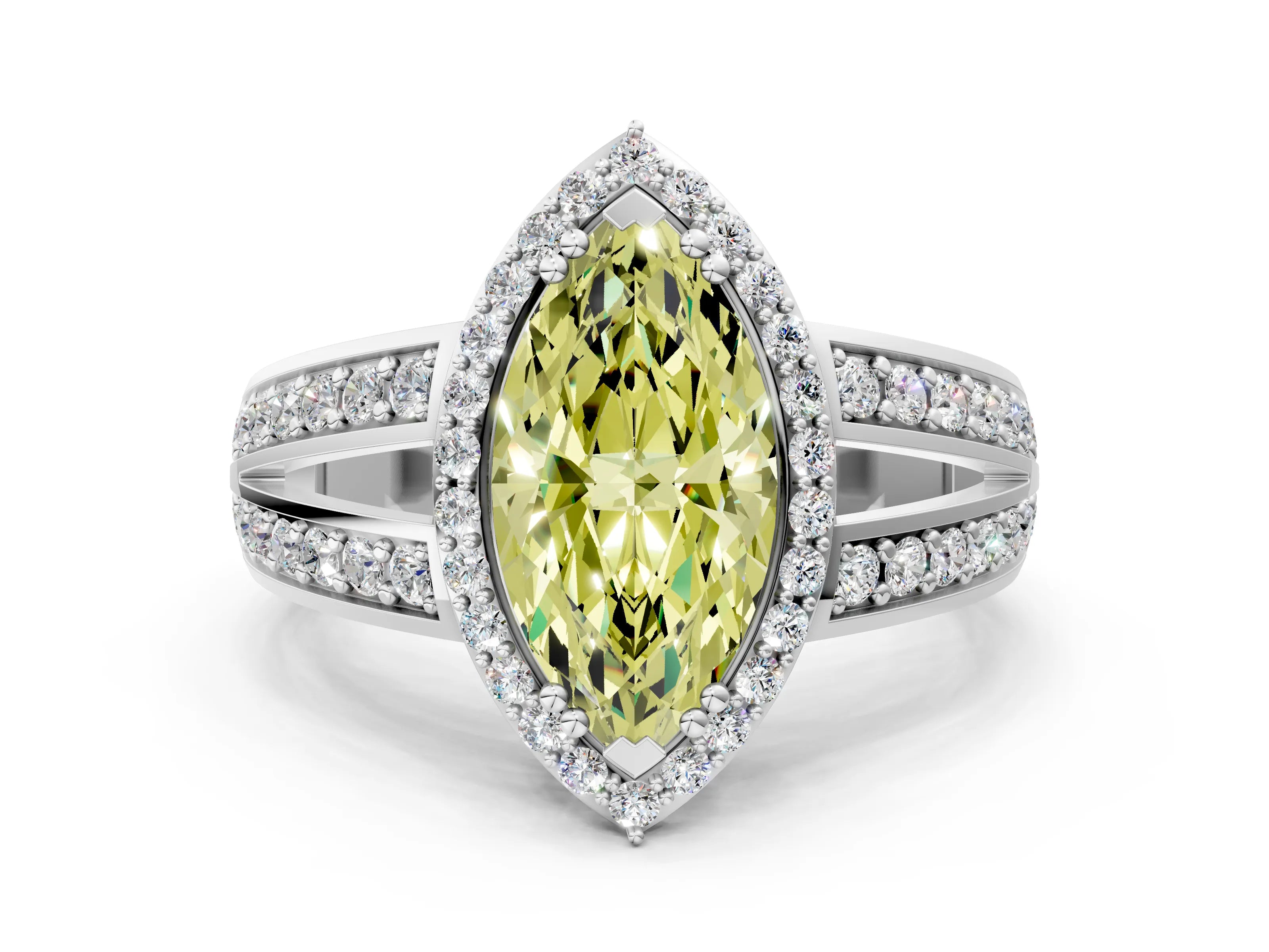 White gold Fancy Yellow Marquise Cut Diamond Halo Ring with Split Shank Pavé Band and Four-Prong Setting