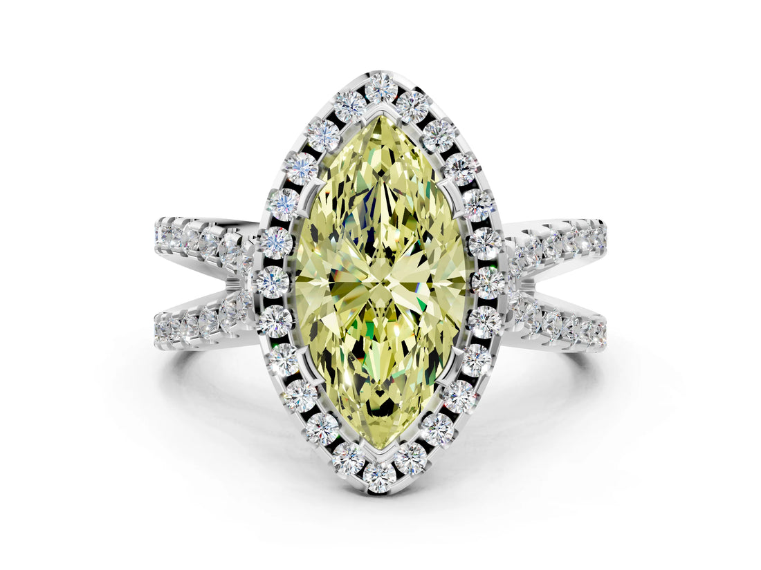 White gold Fancy Yellow Marquise Cut Diamond Halo Ring with Split Shank Pavé Band and Prong Setting_17