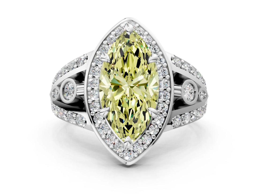 White gold Fancy Yellow Marquise Cut Diamond Halo Ring with Split Shank and Bezel Accents and Four-Prong Setting