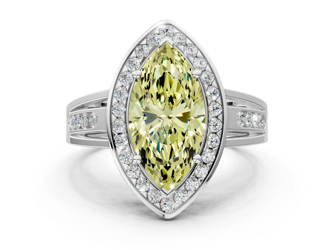 White gold Fancy Yellow Marquise Cut Diamond Halo Ring with Split Shank and Bezel Accents and Prong Setting