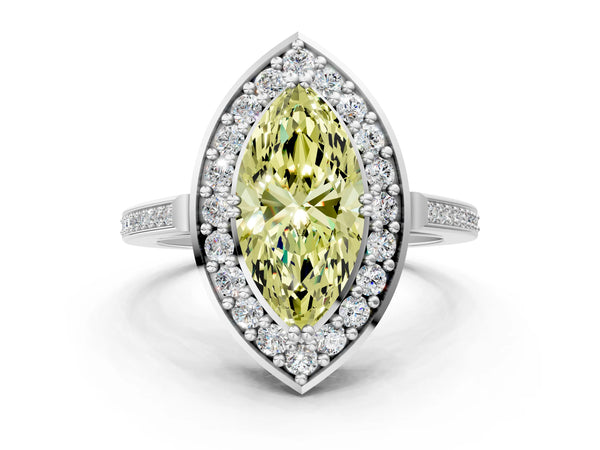Platinum Fancy Yellow Marquise Cut Diamond Halo Ring with Split Shank and Four-Prong Setting
