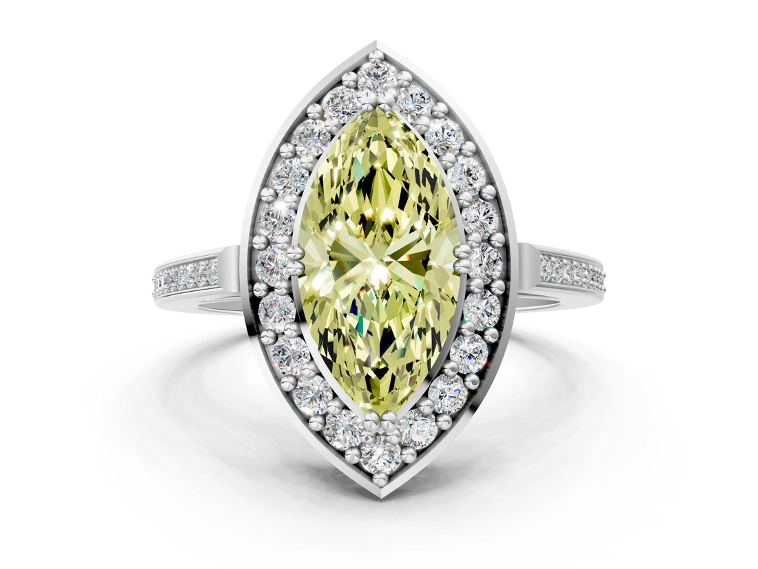 White gold Fancy Yellow Marquise Cut Diamond Halo Ring with Split Shank and Four-Prong Setting_17