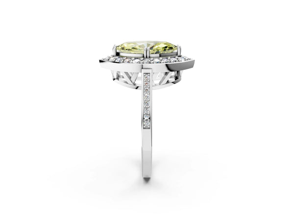 Platinum Fancy Yellow Marquise Cut Diamond Halo Ring with Split Shank and Four-Prong Setting