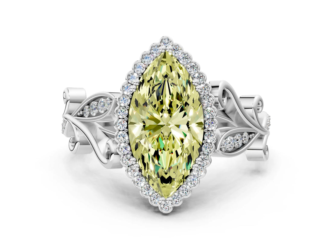 White gold Fancy Yellow Marquise Cut Diamond Halo Ring with Vintage Split Shank and Four-Prong Setting_101
