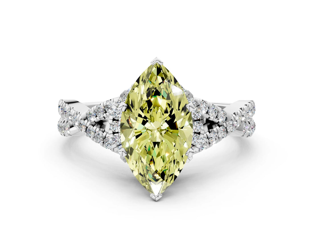 White gold Fancy Yellow Marquise Cut Diamond  Halo Twist Band Solitaire Prong Setting Ring_12