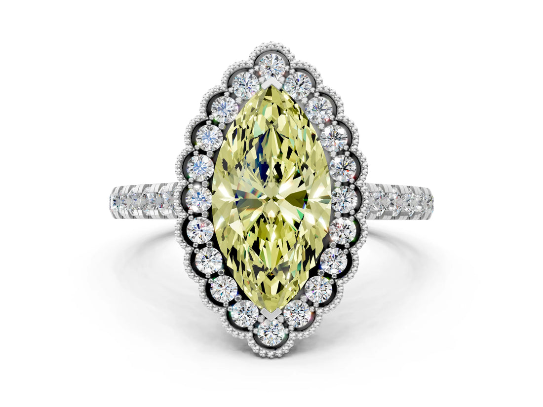 White gold Fancy Yellow Marquise  Cut Diamond Milgrain Floral Halo Engagement Ring with Pavé Band_39