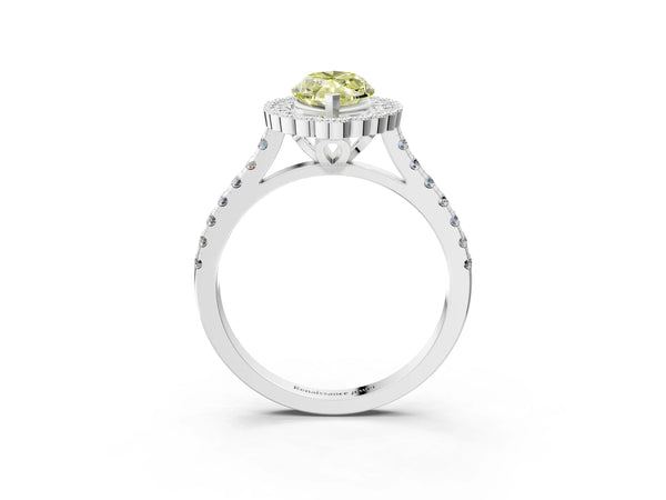 Platinum Fancy Yellow Marquise  Cut Diamond Milgrain Floral Halo Engagement Ring with Pavé Band