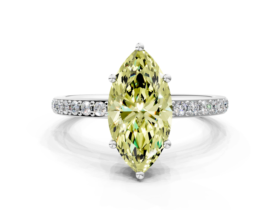White gold Fancy Yellow Marquise  Cut Diamond Pavé Band Ring with Four-Prong Setting