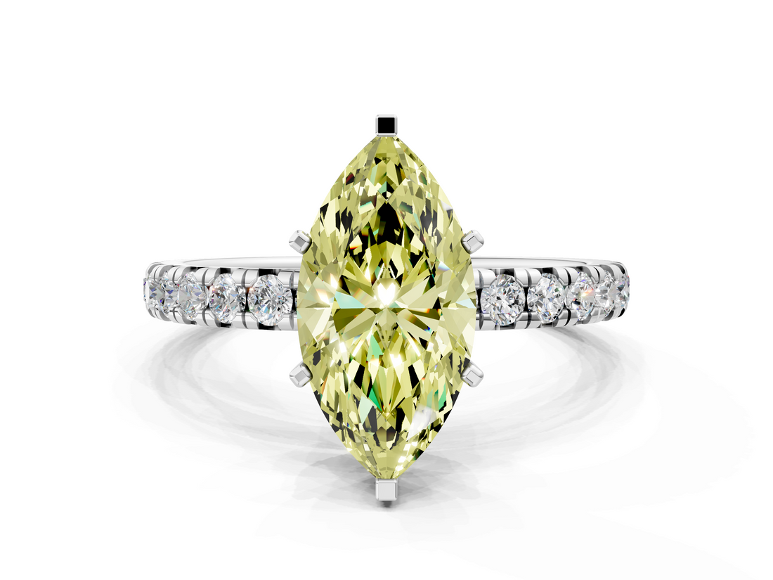 White gold Fancy Yellow Marquise  Cut Diamond Pavé Band with Four-Prong Setting
