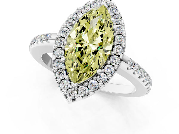 White gold Fancy Yellow Marquise Cut Diamond Pavé Halo Ring with Four-Prong Setting