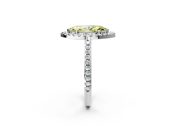 White gold Fancy Yellow Marquise Cut Diamond Pavé Halo Ring with Four-Prong Setting