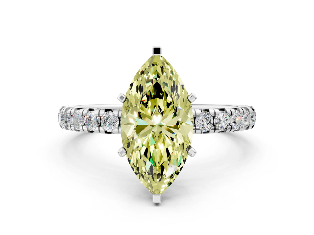 White gold Fancy Yellow Marquise Cut Diamond Pavé Solitaire Ring with Round Band and Prong Setting_13