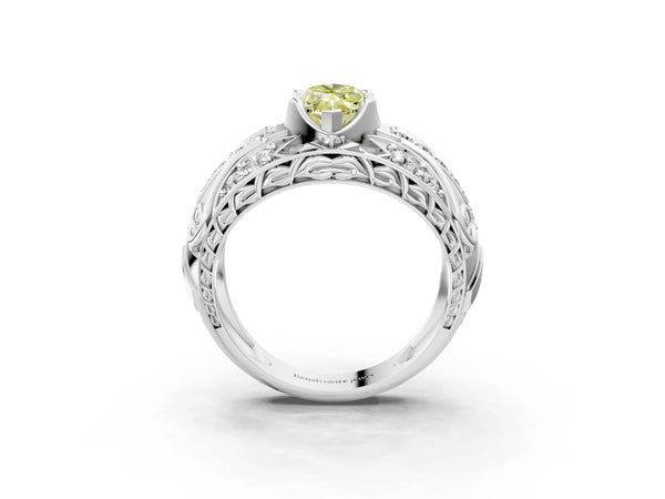 White gold Fancy Yellow Marquise Cut Diamond Pave Art Deco Split Shank Ring with Four-Prong Setting