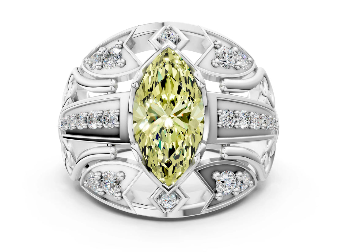 White gold Fancy Yellow Marquise Cut Diamond Pave Art Deco Split Shank Ring with Four-Prong Setting