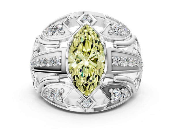 White gold Fancy Yellow Marquise Cut Diamond Pave Art Deco Split Shank Ring with Four-Prong Setting