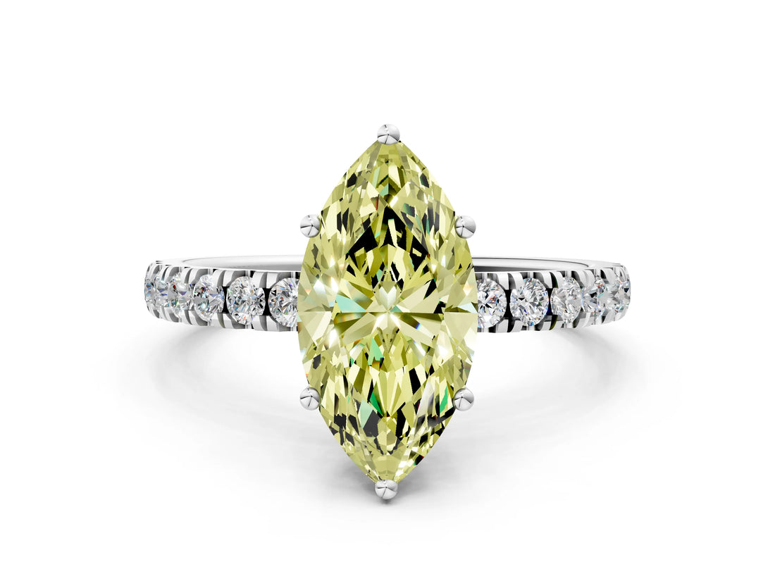 White gold Fancy Yellow Marquise Cut Diamond Pave Band Solitaire Ring with Round  and Prong Setting_90
