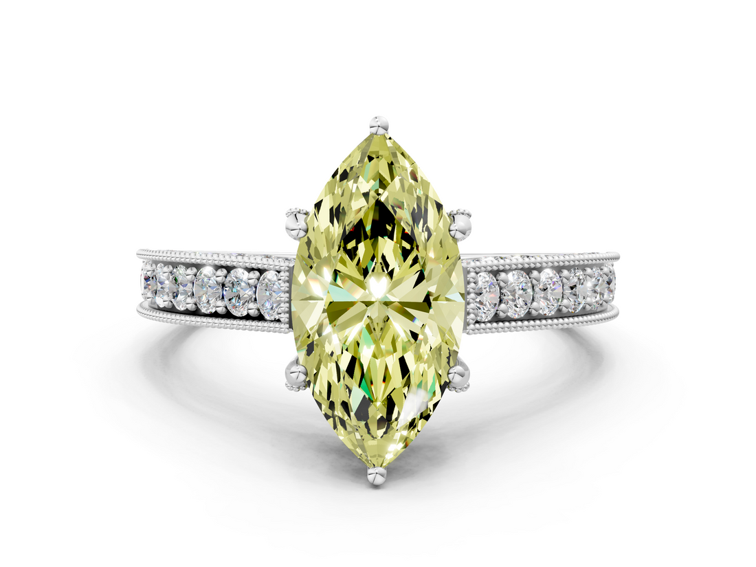 White gold Fancy Yellow Marquise  Cut Diamond Pave Band with Four-Prong Setting