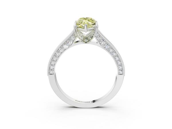 White gold Fancy Yellow Marquise  Cut Diamond Solitaire Ring with Milgrain Pave Band and Four Prong Setting
