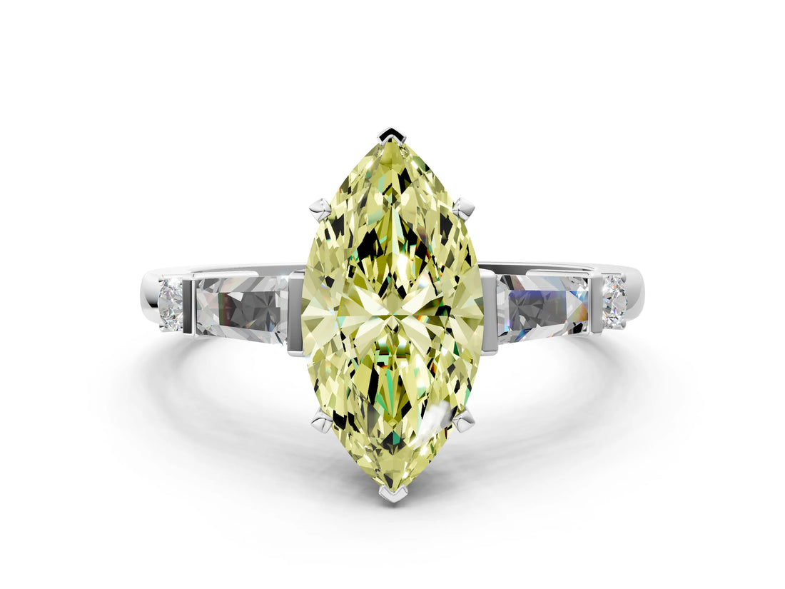 White gold Fancy Yellow Marquise  Cut Diamond Ring with Baguette Side Stones, Channel Set Band, and Four-Prong Setting_36
