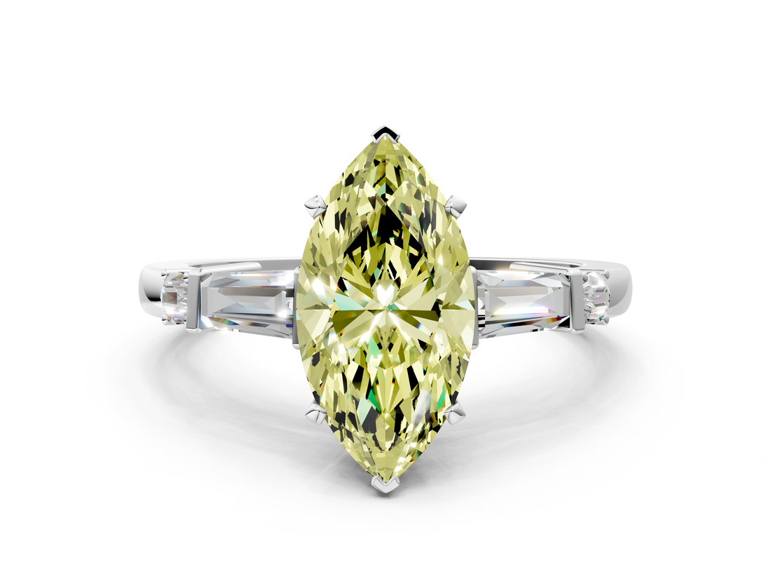 White gold Fancy Yellow Marquise  Cut Diamond Ring with Baguette Side Stones, Channel Set Band, and Four-Prong Setting