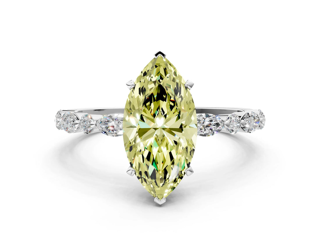 White gold Fancy Yellow Marquise Cut Diamond Ring with Marquise and Round  Side Stones and Four-Prong Setting_41