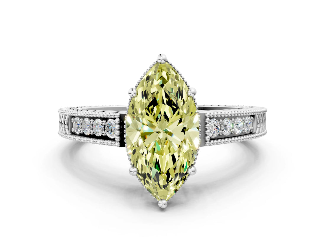 White gold Fancy Yellow Marquise Cut Diamond Ring with Milgrain Pavé Band and Four-Prong Setting_33